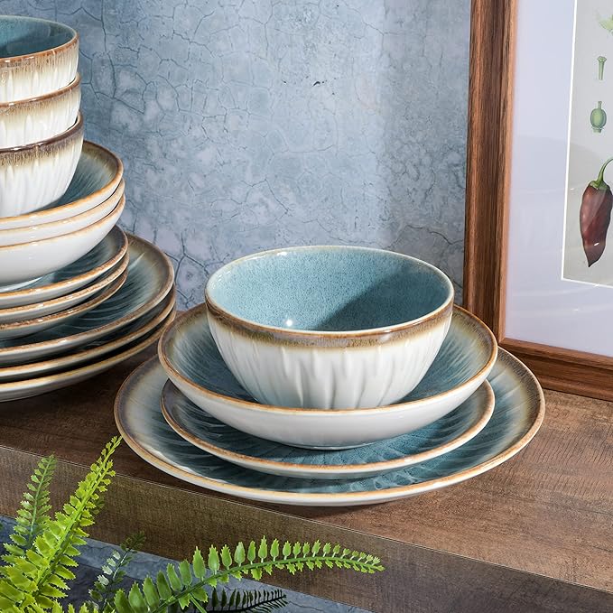 Gibson Elite Mayfair Bay 16-Piece Embossed Double Bowl Dinnerware Set, Service for 4 ??Blue Stoneware Plates and Bowls