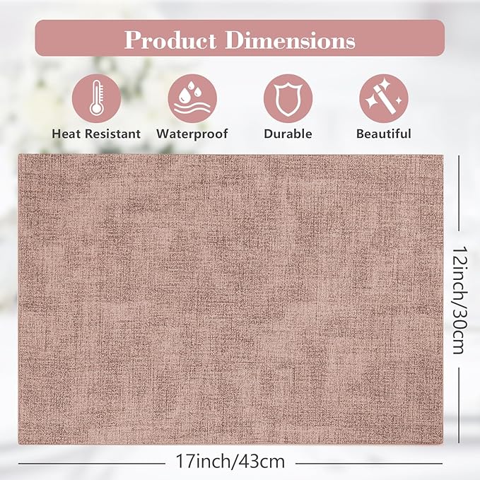 JUCCWARM Faux Leather Placemats Set of 6,Heat Resistant Placemats for Dining Table, Easy Clean Non-Slip Place Mats, Waterproof Stain Resistant Wipeable Washable PU Table Mats, (Pink)