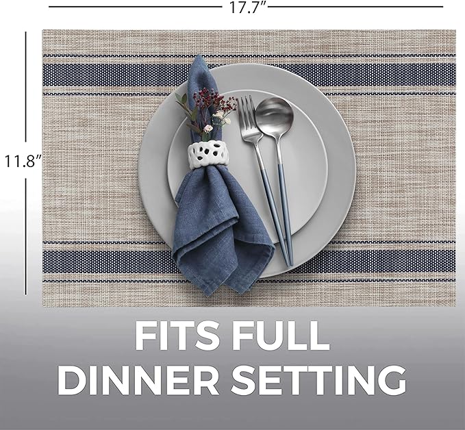 More D챕cor Dining Table Placemats, Washable Heat-Resistant PVC Vinyl Table Mats for Dining Room and Kitchen, Anti-Slip - Set of 4 - Horizontal Striped Blue - Grey