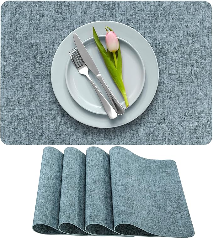 More D챕cor Faux Leather Placemats Set of 4 for Dining Table ??Waterproof, Wipeable, Washable, Stain & Heat Resistant, Non-Slip Table Mats ??12 X 17 Inch, Blue