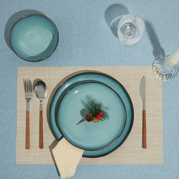18 Piece Dinnerware Sets for 6, Green Black Reactive Glaze Stoneware | Irregular Artisan Style for Family Dinners, Weekend Gatherings | Scratch?멢esistant, Microwave & Dishwasher Safe