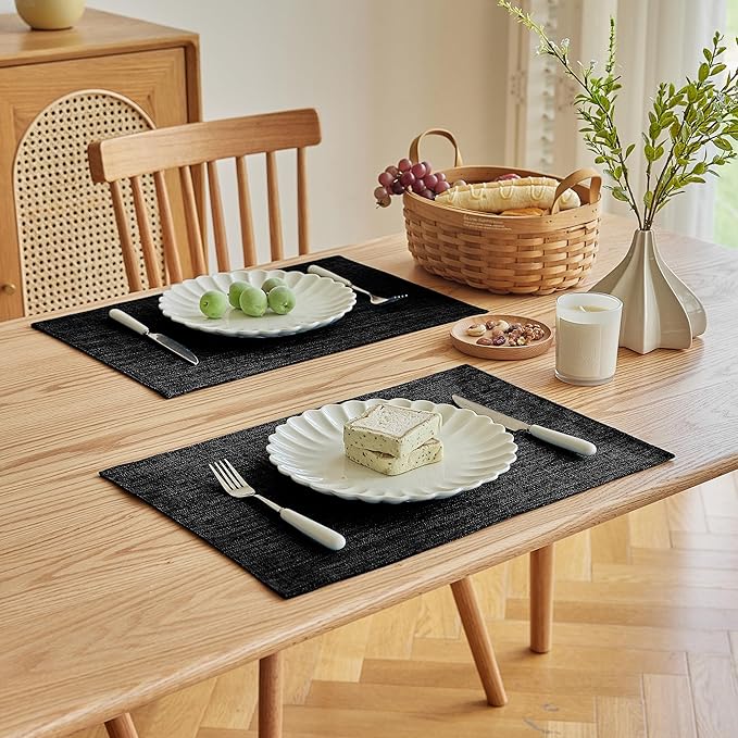 Softalker Faux Linen Placemats Set of 4-12 x 18 Inch, Heat Resistant Double Layered Durable Burlap Farmhouse Place Mats, Non-Slip Washable Rustic Table Mats for Dining, Kitchen, Party竊뉰lack