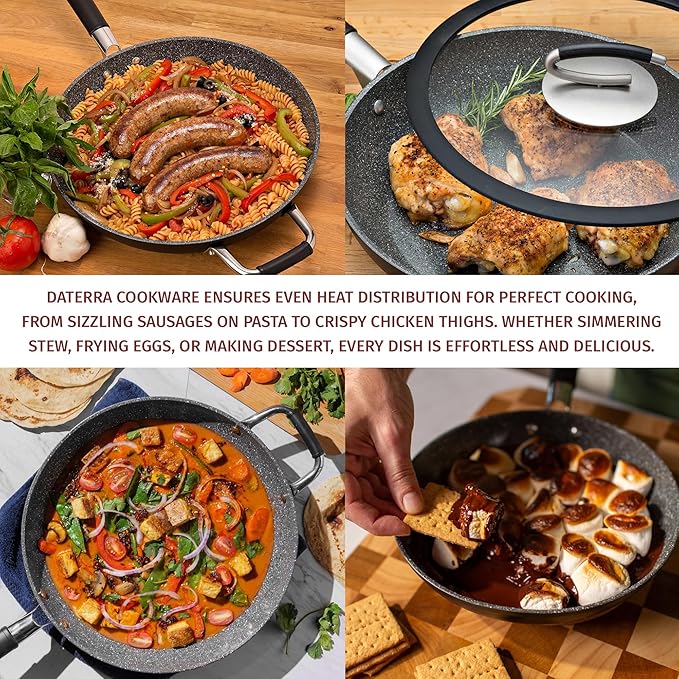 DaTerra Cucina Nonstick 4-Skillet Bundle ??9.5" and 13" Fry Pans, 11" Fry Pan and 13" Wok with Lid, Oven Safe, Ceramic Nonstick Cookware, PTFE & PFOA Free, Made in Italy ??Volcanic Black Speckled