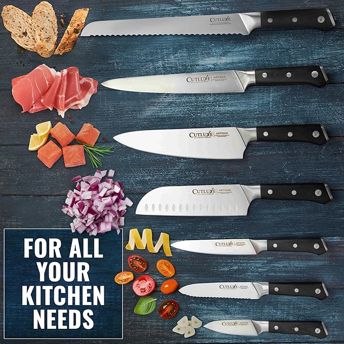 Cutluxe Kitchen Knife Set ??8 Pcs Professional Chef Knife Set with Block ??Razor Sharp Knives with Full Tang Design, High Carbon German Steel, Natural Acacia Wood Block ??Artisan Series