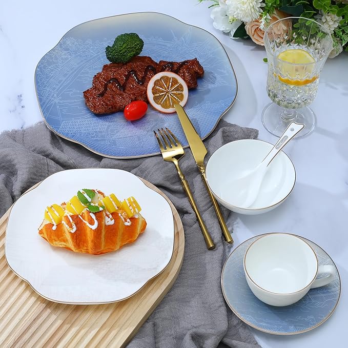 Blue 24 Piece Porcelain Dinnerware Set,Bone china for 4, Plates and Bowls Sets With Beautiful Pattern, Highly Chip and Crack Resistant | Dishwasher Safe Dishes Set (Deep Blue + Pattern)