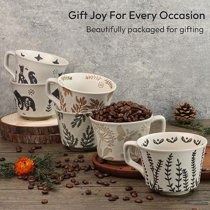 Ceramic Coffee Mug, 12 oz Novelty Unique Teacup with Handle, Stoneware Cup for Tea Mocha Latte Cappuccino Espresso (Set of 2, Ivy and Leaf)