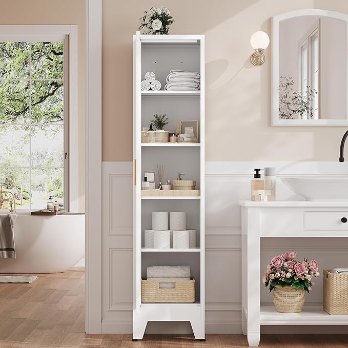 67?쏦 Narrow Pantry Cabinet,Tall Skinny Pantry Storage Cabinet with Adjustable Shelves,Metal Narrow Kitchen Storage Cabinet,Slim and Thin Pantry Cabinets for Living Room Dining Room, White