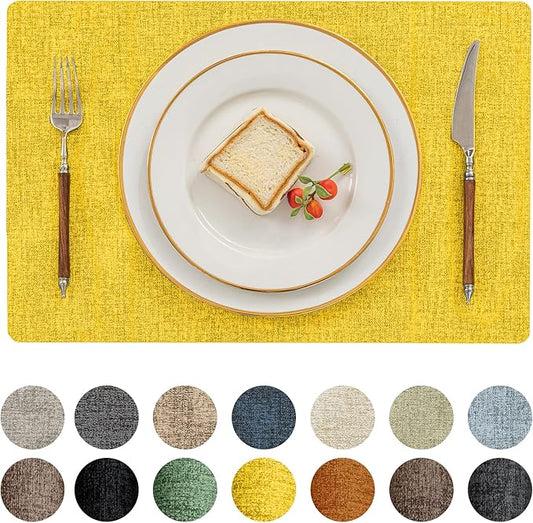 Romanstile Vinyl Placemats Set of 6-12 X 17 Inch - Heat Resistant Place Mats 100% Waterproof Oilproof Wipeable Reversible Faux Leather Table Mats for Kitchen, Dining, Party, Outdoor, Yellow