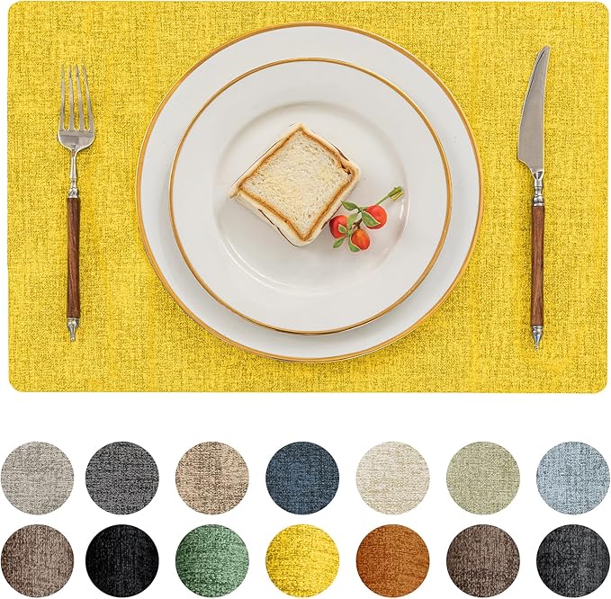 Romanstile Vinyl Placemats Set of 8-12 X 17 Inch - Heat Resistant Place Mats 100% Waterproof Oilproof Wipeable Reversible Faux Leather Table Mats for Kitchen, Dining, Party, Outdoor, Yellow