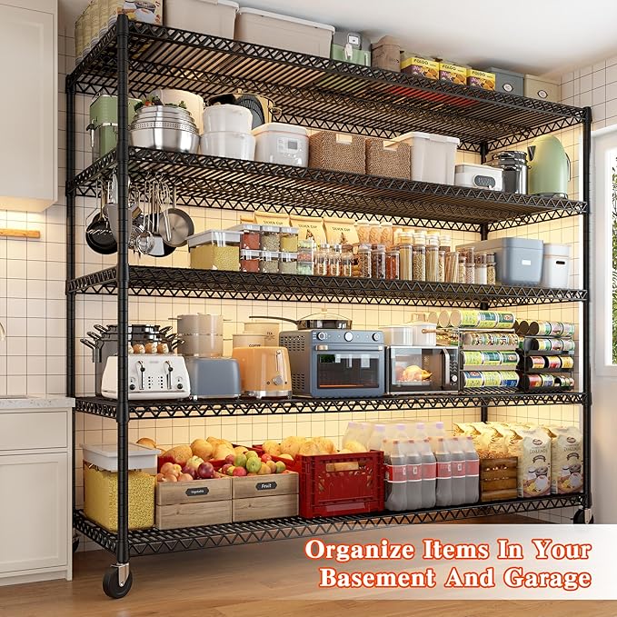 3200LBS Storage Shelves Wire Shelving with Wheels,Adjustable Garage Shelving Heavy Duty Steel Metal Shelving Unit Shelf Rack for Warehouses,Garage,Kitchen,School,Commercial,73" H X 60?쓂 X 18" D