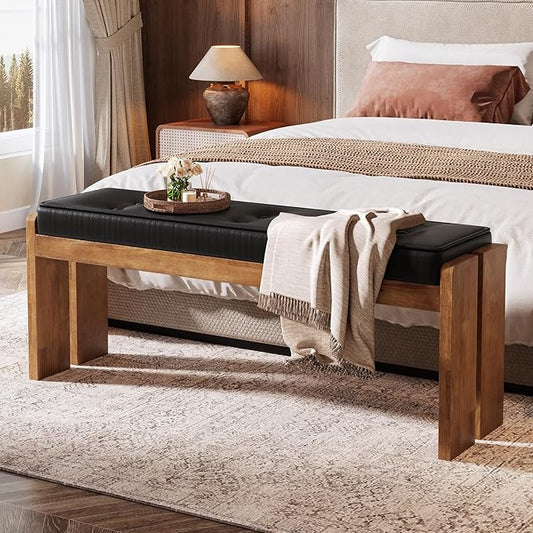 TRIBEWOOD 47-Inch Solid Wood Entryway Bench, Modern End of Bed Bench with Button-Tufted Leather Pad and Wooden Legs, for Living Room, Bedroom, Kitchen, Hallway, Black & Brown