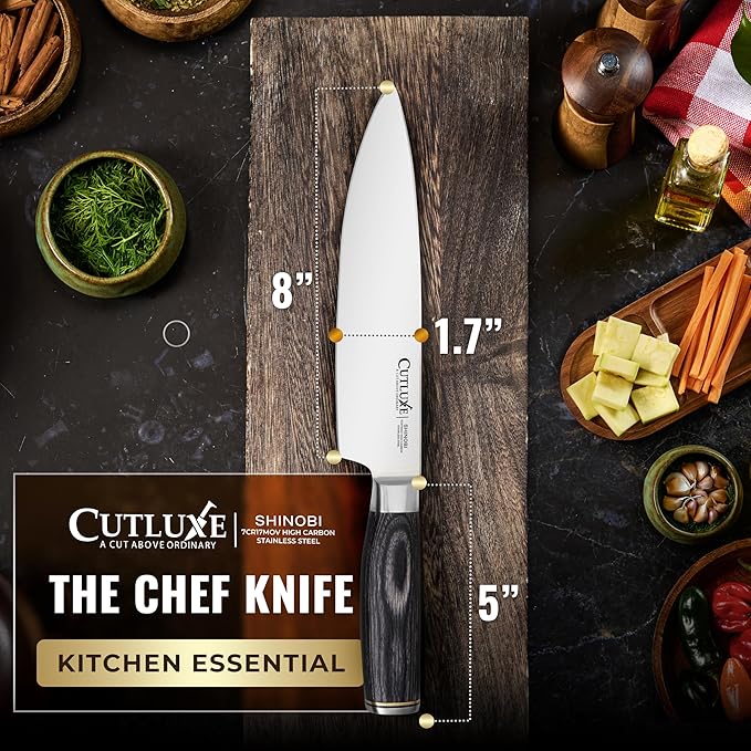 Cutluxe Chef Knife ??Ultra Sharp 8" Japanese Kitchen Knife, High Carbon Stainless Steel Blade, Full Tang Pakkawood Handle ??Shinobi Series