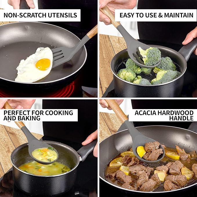 Zulay Kitchen Utensils Set Non-Stick Silicone Cooking Utensils Set with Authentic Acacia Wood Handles - 5 Piece Silicone Utensil Set - Kitchen Utensils Set with 464째F Heat Resistance - Gray