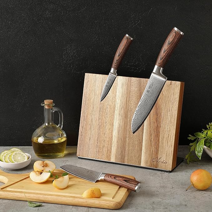 Wakoli EDIB 3-Piece Damascus Knife Block Set with Magnetic Knife Block ??Chef Knives Set with 3.4" - 6.7" Blades, 67-Layer Damascus Steel (VG10 Core), Kitchen Knives with Pakkawood Handles