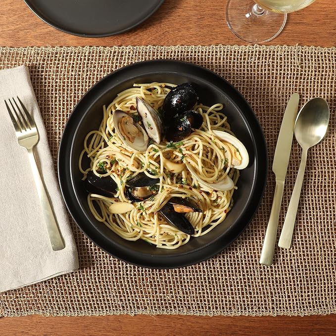 Gibson Elite Overbrook 16-Piece Pottery Clay Stoneware Dinnerware Set ??Black Reactive Glaze, Stackable Plates and Bowls W/Pasta Bowl, Service for 4 ??Microwave & Dishwasher Safe