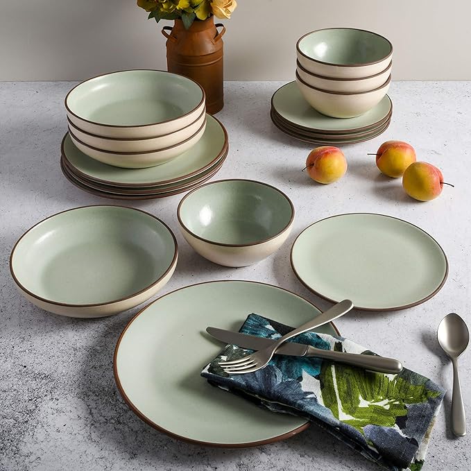 Gibson Elite Contempo Classic 16-Piece Double Bowl Dinnerware Set, Service for 4 ??Mint Stoneware Plates and Bowls