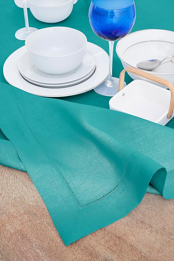 Solino Home Linen Teal Tablecloth 60 x 120 Inch - Classic Hemstitch, 100% Pure Linen Rectangular Tablecloth - Machine Washable Table Cloth