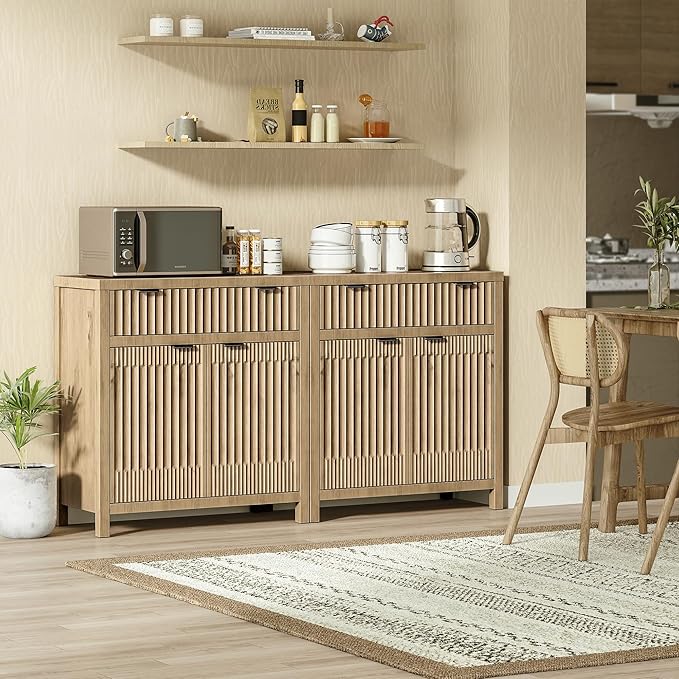 FLOWBACK Fluted Sideboard Buffet Cabinet with Large Storage,Modern Credenza Coffee Bar Cabinet with Adjustable Shelves, Farmhouse Console Table for Kitchen, Living Room, Entryway, 3 Pieces