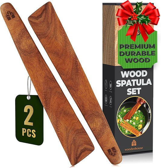 Wooden Spatula for Cooking Set of 2 ??12 Inch Teak Spatula Turner & Flipper for Cast Iron, Flat Egg & Pancake Scraper ??Utensils by Woodenhouse - White Elephant Gift ideas, Kitchen Gifts for Women Men