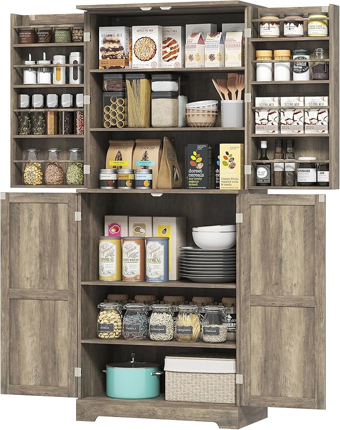 HOMCOM 72" Farmhouse Kitchen Pantry Cabinet, Freestanding Tall Storage Cabinet with 4 Barn Doors, 4 Adjustable Shelves and 8 Door Shelves, Gray Wash