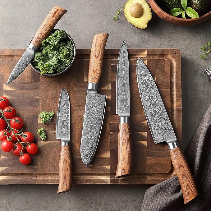 Wakoli EDIB Pro 5-Piece Damascus Knife Set ??Professional Chef Knives Set with VG10 Core Blades, 67-Layer Damascus Steel and Ergonomic Pakkawood Handles ??Premium Kitchen Knives in Wooden Gift Box