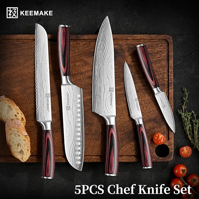 KEEMAKE Knife Set 5 Pieces, Professional Kitchen Knife Set, High Carbon Stainless Steel Chef Knife Set, Ultra Sharp Blade Knives Set for Kitchen with Ergonomic Pakkawood Handle & Gift Box