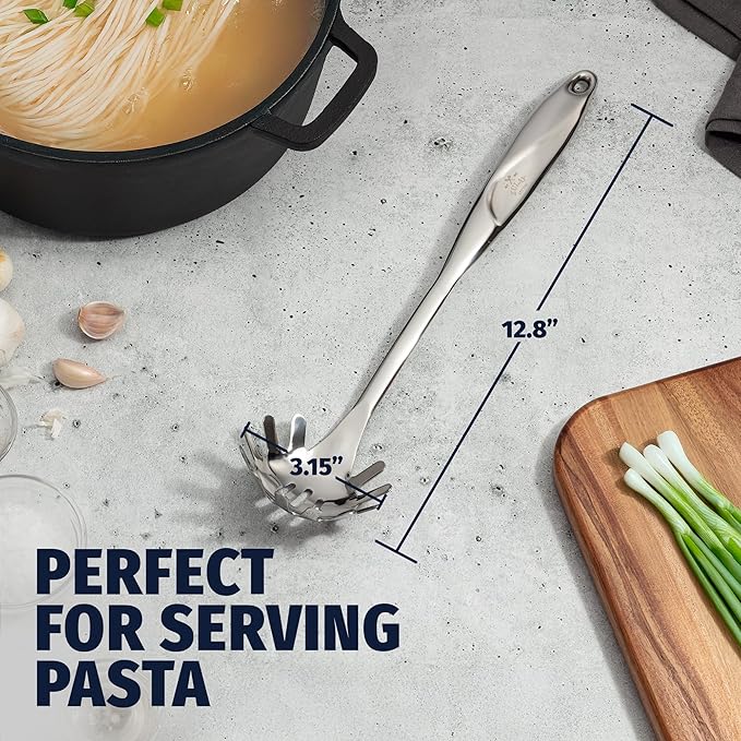 Zulay Kitchen Stainless Steel Spaghetti Server - 12??Pasta Fork with Teeth & Draining Holes - Rust-Resistant Pasta Spoon for Noodles & Pasta - Dishwasher Safe Utensil for Everyday Use