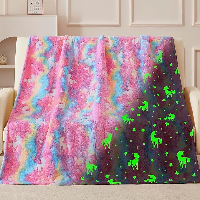 QSTEHEML Unicorn Glow in The Dark Blanket,Unicorn Gifts Toys for Kids Girl Age 3-12 Years Old,Birthday Gifts for Toddler, Teen,Christmas Birthday Bedroom Decor 50"횞60"