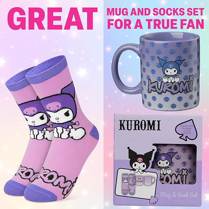 Get Trend Kuromi Sanrio Coffee Mug, Socks Set, 11.5 oz Ceramic Cup with Crew Socks, Kawaii Drinkware Christmas, Secret Santa Gifts for Women (Purple Kuromi)