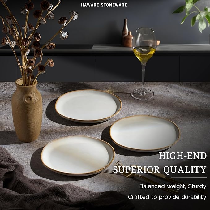 HaWare Stoneware Salad Plates Set of 6, 7.9??Heavy Duty Ceramic Plates, Reactive Glaze Dinnerware for Home Restaurant, Chip and Scratch Resistant, Microwave and Dishwasher Safe, Reactive Pearl White