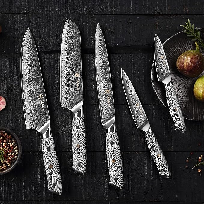 Wakoli Noir Blanc Damascus Knife Block Set ??5-Piece Professional Chef Knife Collection with Magnetic Block ??Kitchen Knives made of 67-Layer Damascus Steel Blades & Ergonomic G10 Handles in Gift Box