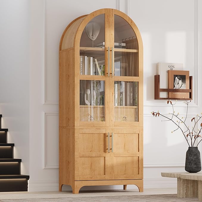 GDFStudio Mariah 71" Tall Arched Kitchen Pantry Cabinet with Hidden Drawer, Glass Door & Adjustable Shelves, Farmhouse Storage Cabinet Cupboard for Kitchen Dining Room, Home Pantry Storage, Natural