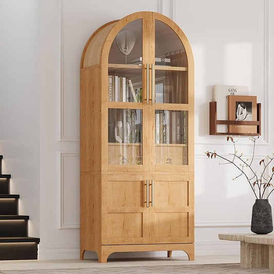 GDFStudio Mariah 71" Tall Arched Kitchen Pantry Cabinet with Hidden Drawer, Glass Door & Adjustable Shelves, Farmhouse Storage Cabinet Cupboard for Kitchen Dining Room, Home Pantry Storage, Natural