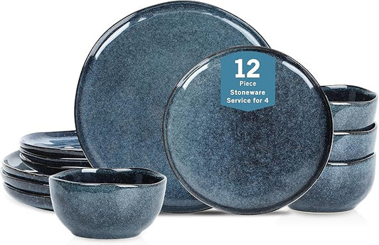 Stone + Lain Mirella 12-Piece Stoneware Dinnerware Set, Service for 4, Reactive Glaze, Deep Blue ??Includes Dinner Plates, Salad Plates, and Bowls ??Modern Artisanal Design