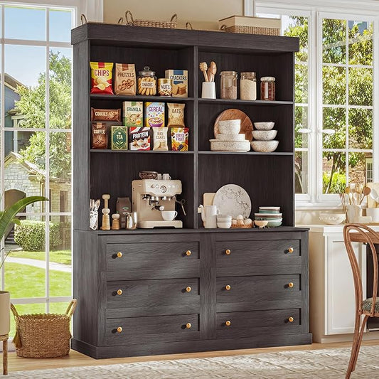 Vyre 71" Farmhouse Kitchen Pantry Cabinet Set of 2, Black Freestanding Coffee Bar Hutch with Drawers & Adjustable Shelves, Large Storage Cabinet with Microwave Stand for Living Room & Kitchen