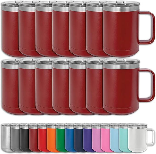 Clear Water Home Goods - (Bulk Pack of 12-15 oz Double Wall Coffee Mug with Lid and Handle, Double Insulated Stainless Steel Travel Tumbler Cup - Powder Coated - Maroon