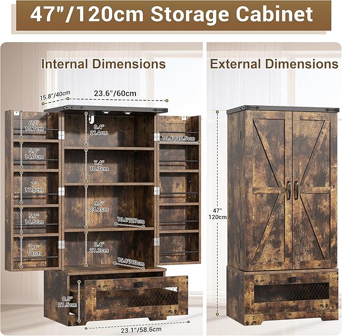 Pantry Cabinets with Adjustable Shelves and Drawer, Farmhouse Kitchen Pantry Storage Cabinet, Buffet Cupboards Sideboard for Kitchen, Dining Room, Living Room Use (Brown, 16" D x 24" W x 47" H)