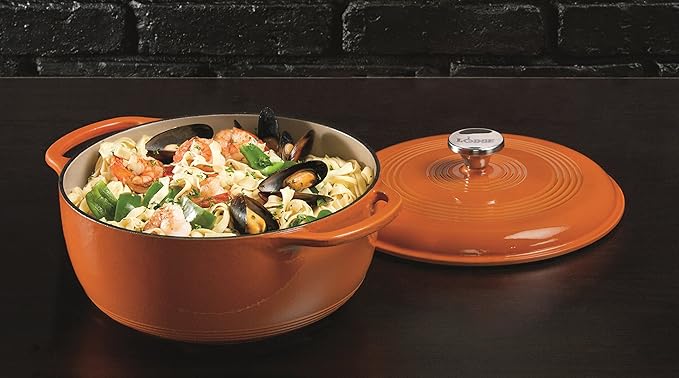Lodge 6 Quart Enameled Cast Iron Dutch Oven with Lid ??Dual Handles ??Oven Safe up to 500째 F or on Stovetop - Use to Marinate, Cook, Bake, Refrigerate and Serve ??Pumpkin