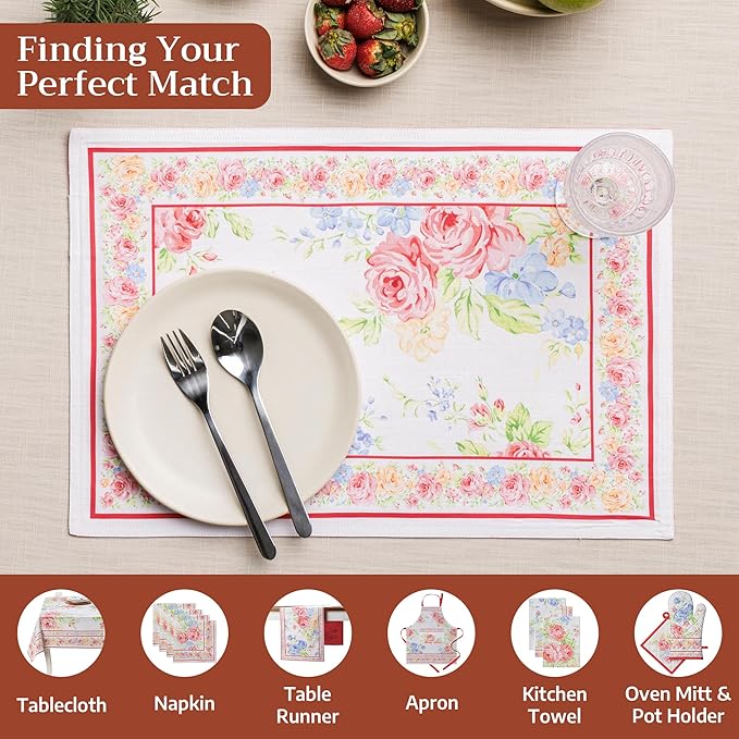 Maison d' Hermine Placemats Set of 2 100% Cotton Washable Cloth Place Mats, Reusable Table Mats for Kitchen Dining Decoration, Party, Wedding, Restaurant Spring/Summer (Vintage Floral, 13" x 19")