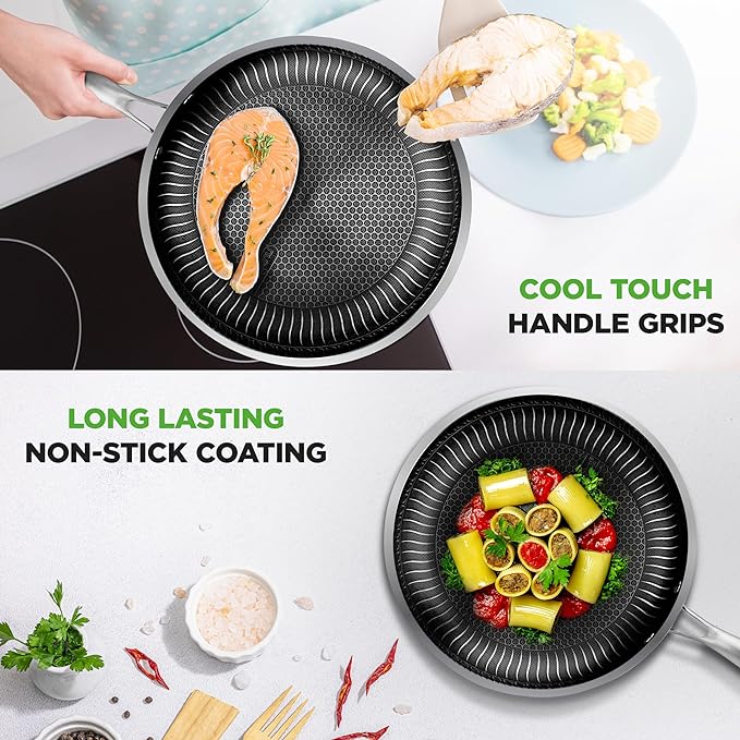 NutriChef 6-Piece Tri-Ply Stainless Steel Frying Pan Set ??8", 10", 12" Non-Stick Skillets with Lids, Induction Compatible, Oven Safe, Scratch-Resistant, Dishwasher Safe