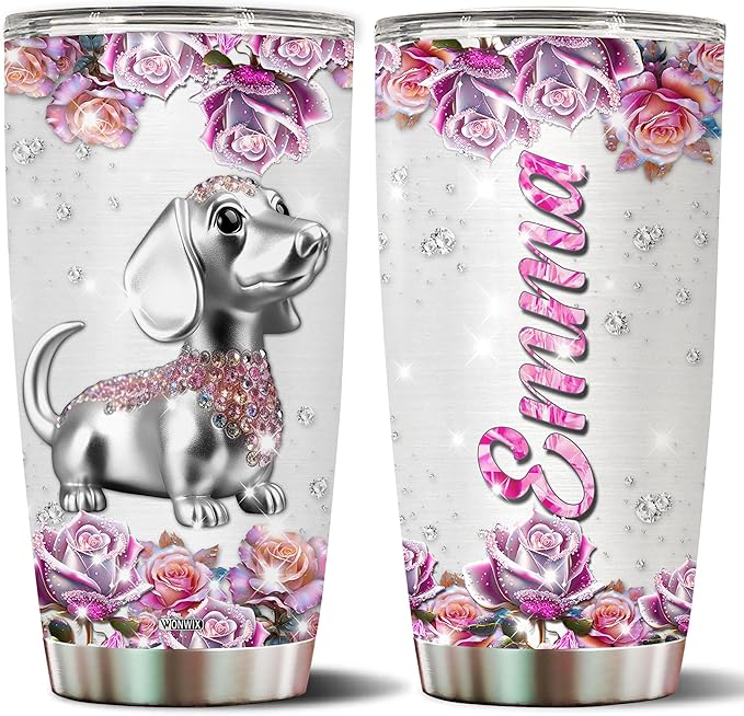 WONWIX Personalized Dachshund Themed Gifts for Women, Girls, Wife, Daughter, Insulated Stainless Steel Tumbler, Mug, Cup, Water Bottle, Perfect for Christmas, Birthday, Mother's Day, Valentine