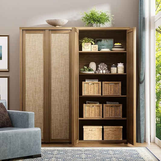 Yechen 67" Tall Kitchen Pantry Cabinet,Rattan Storage Cabinet with Solid Wood Integrated Handleand Adjustable Shelves, Cupboard with Doors for Livingroom, Dining Room, Natural Walnut (2 Piece)