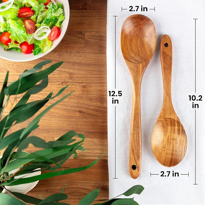 Zulay Kitchen Teak Wood Utensil Set ??2 Piece Large and Small Wooden Cooking Spoons, Handcrafted Natural Teak Wood Kitchen Utensils, Durable, Nonstick Safe & Smooth Finish