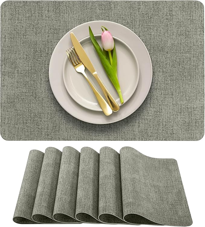 More D챕cor Faux Leather Placemats Set of 6 for Dining Table ??Waterproof, Wipeable, Washable, Stain & Heat Resistant, Non-Slip Table Mats ??12 X 17 Inch, Light Grey