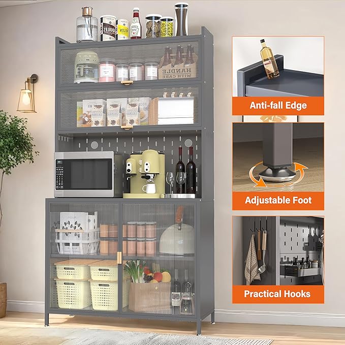 Ball & Cast 73?쿛antry Cabinet,Versatile Metal Storage Cabinet with Microwave Shelf,Pegboard Spacious, Adjustable Shelves Moden Kitchen Cabinet w/Anti-Tipping Safety for Kitchen,Dining Room,Grey