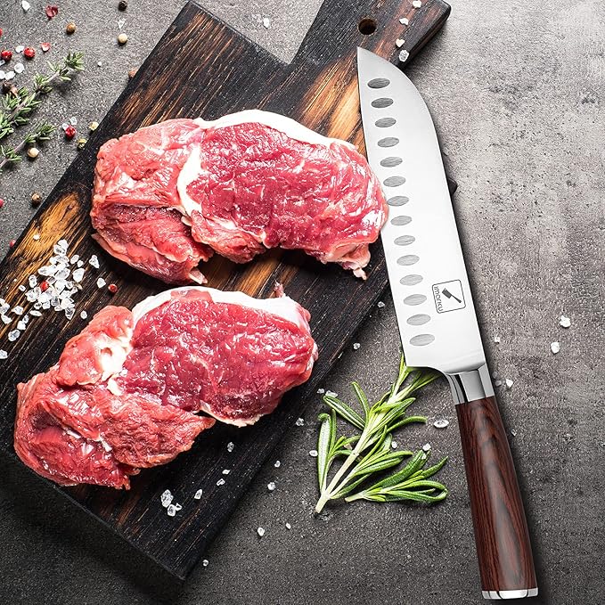 imarku Santoku Knife 7 inch Kitchen Knife Ultra Sharp Asian Knife Japanese Chef Knife, German HC Stainless Steel 7Cr17Mov, Ergonomic Pakkawood Handle, Christmas Gifts for Women/Men, Red