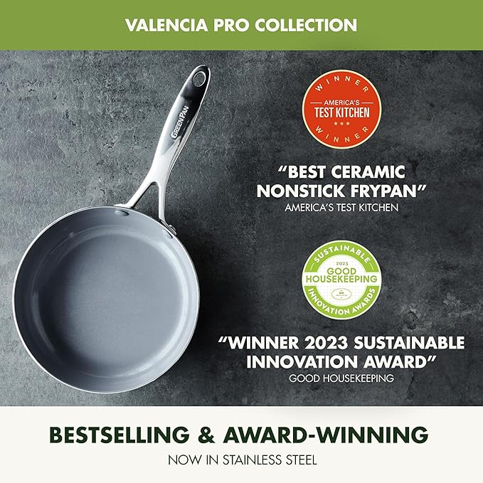GreenPan Valencia Pro Stainless Steel 8??Frying Pan Skillet, Induction Suitable Mirrored Tri-Ply, Ceramic Nonstick PFAS-Free, Multi Clad Cookware, Dishwasher Oven & Broiler Safe
