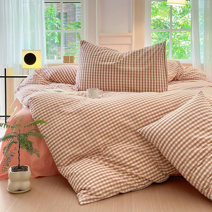LifeTB Pink Gingham Comforter Set King Modern Style Pink Plaid Comforter Set Fluffy 3 Pieces Grid Checkered Pattern Boho Comforter with 2 Pillowcases Farmhouse Gingham Plaid Bedding Set King