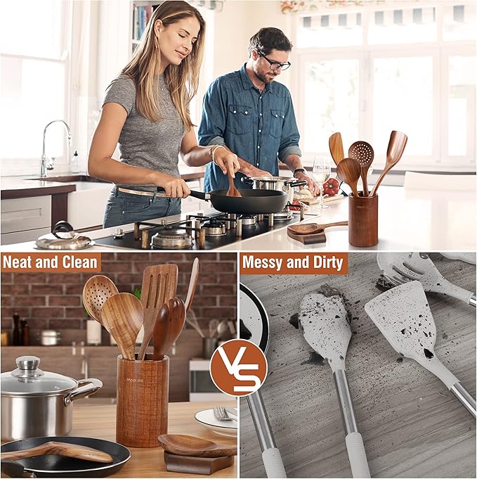 Wooden Spoons for Cooking, Wooden Utensils for Cooking Natural Teak Wooden Kitchen Utensils Set Comfort Grip(9 PCS SET GIFT BOX)