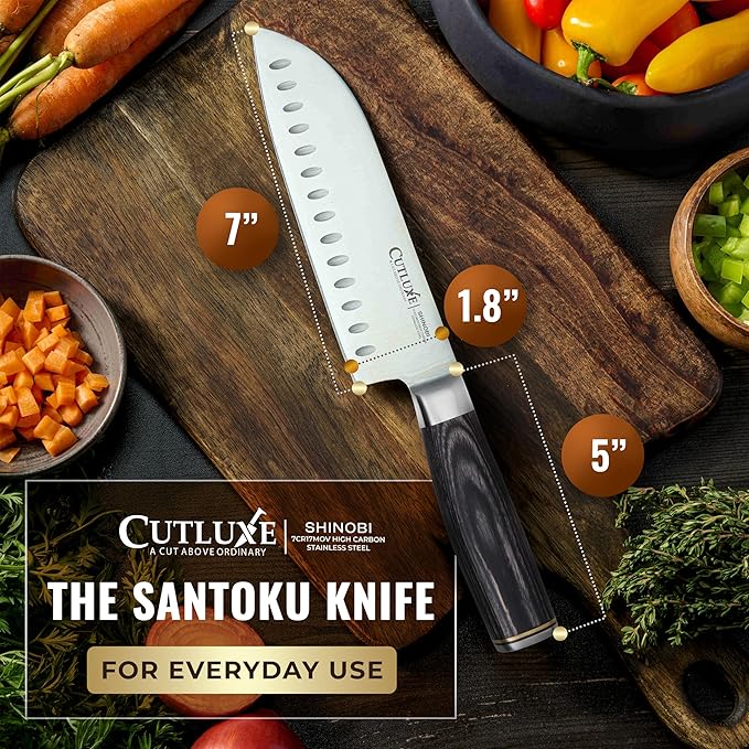 Santoku Knife ??Ultra Sharp 7 Inch Meat and Vegetable Japanese Knife for Chopping, High Carbon Stainless Steel Blade, Full Tang Pakkawood Handle ??Shinobi Series